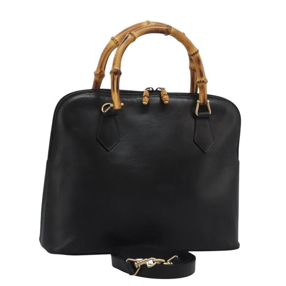 GUCCI Bamboo Hand Bag Leather Black Gold 000 000 - Picture 1 of 16